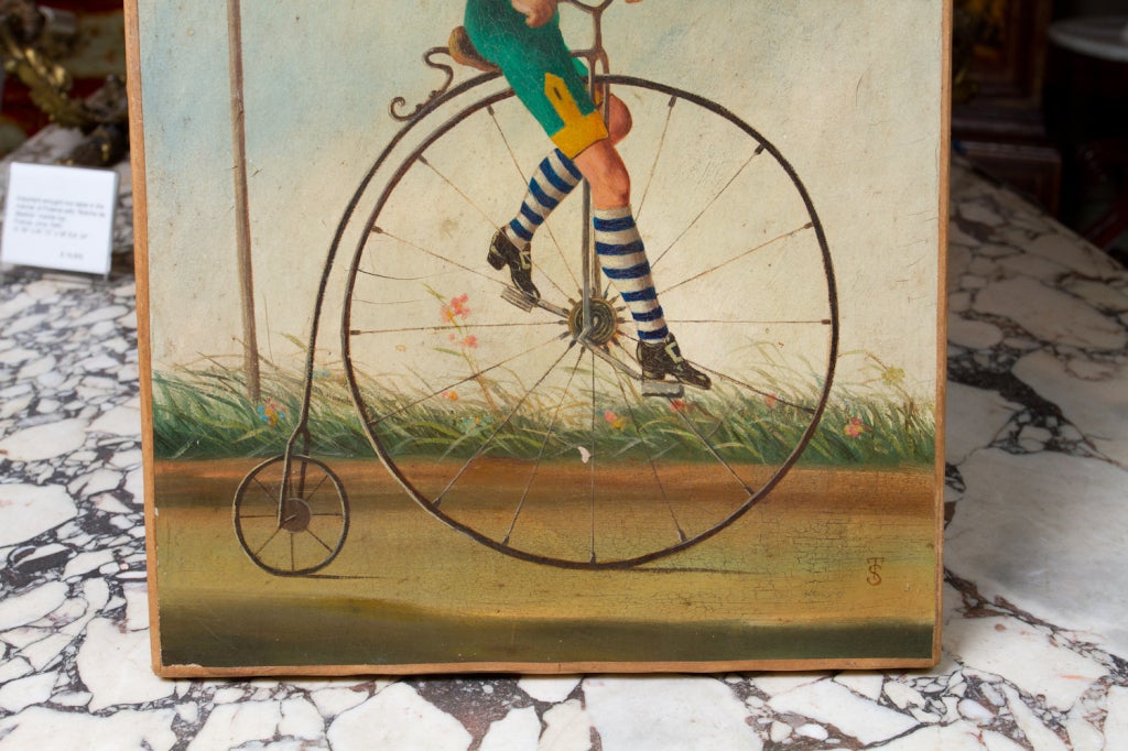 Huile fantaisiste sur toile « The Bicycle » (La bicyclette). Bon état - En vente à Montreal, QC