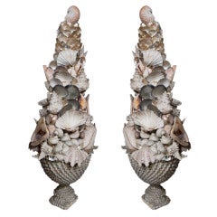 Great Pair of Grotto Style Shell Mounted Obelisks