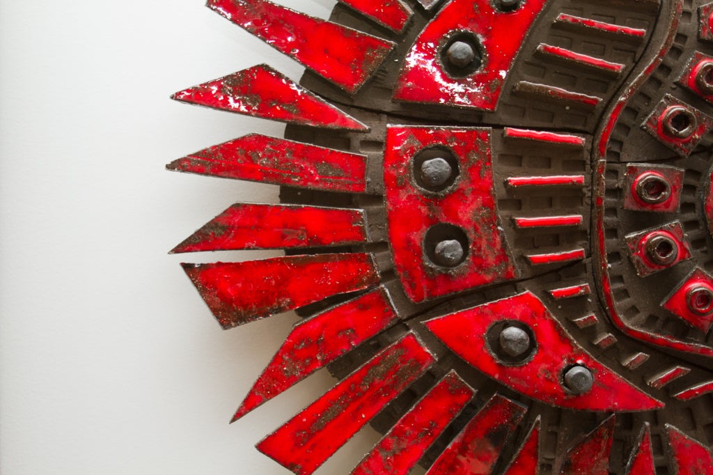 Canadian Vibrant Red Glazed Ceramic Wall Sculpture by Charles Sucsan