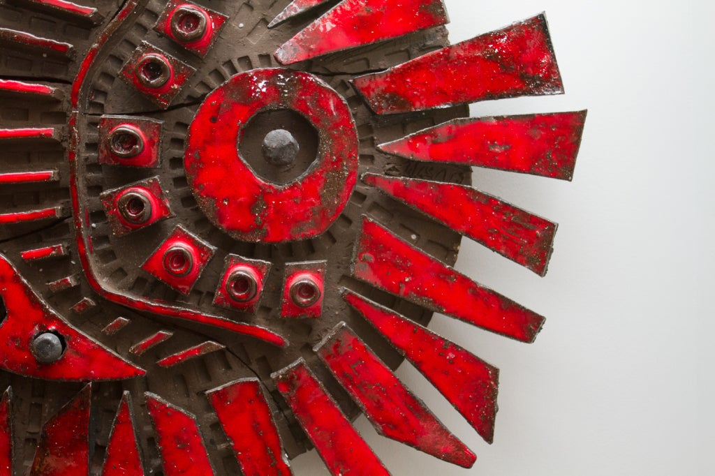 Late 20th Century Vibrant Red Glazed Ceramic Wall Sculpture by Charles Sucsan