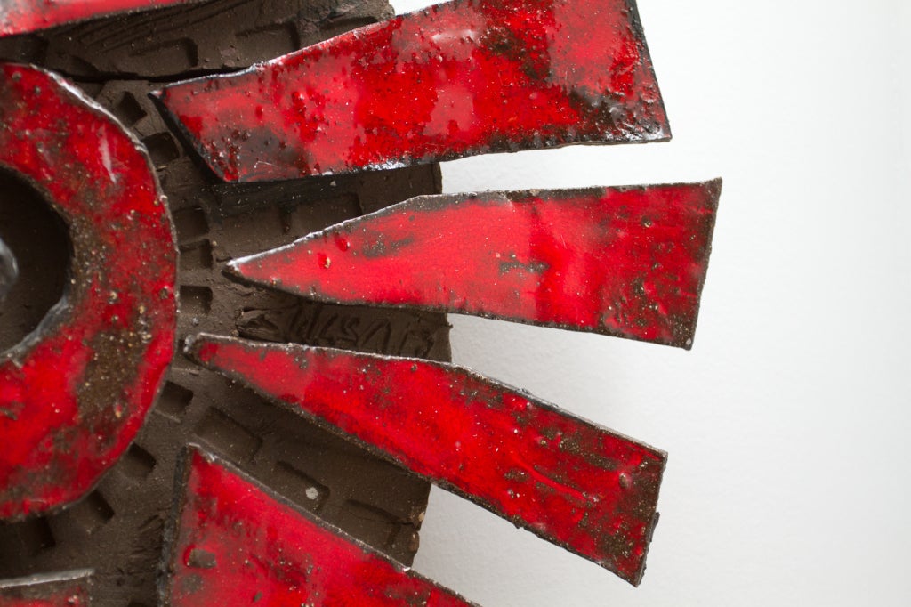 Vibrant Red Glazed Ceramic Wall Sculpture by Charles Sucsan 1
