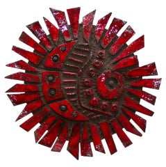 Vibrant Red Glazed Ceramic Wall Sculpture by Charles Sucsan