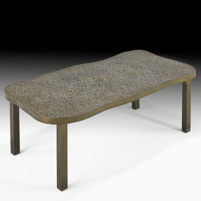 Etruscan Spiral coffee table by Philip and Kelvin Laverne. Etched and patinated bronze, pewter.