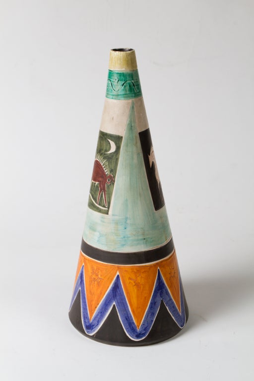Colorful Italian 1950's  hand painted ceramic cone shaped vase , signed :Alcylone Italy