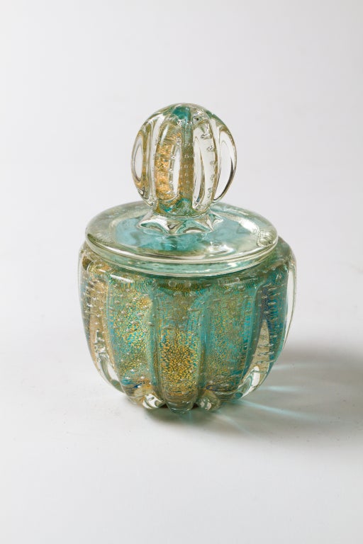 Beautiful set of three blue/green Murano glass and gold specks perfume bottles, bearing original Venetian label.