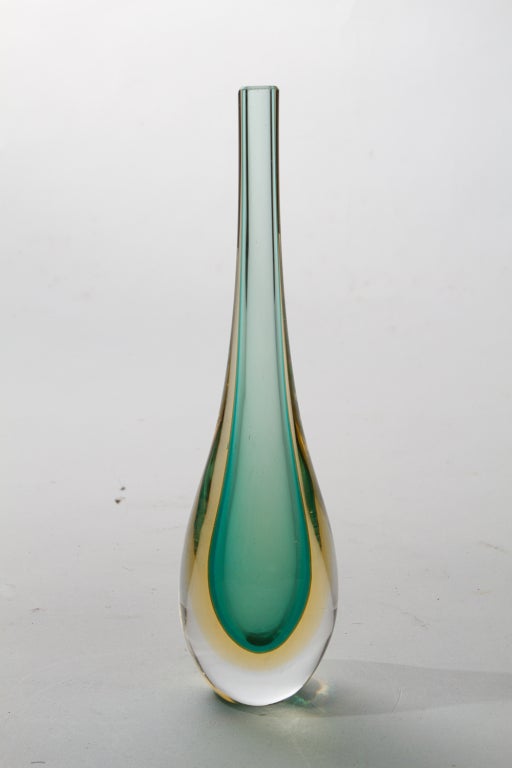 Small clear, amber and green Somerso Murano glass vase.