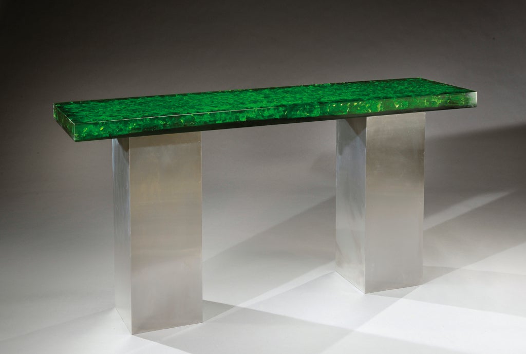 Important emerald green fractal resin top rectangular console top resting on chromium plated square plinths. Attributed to Marie-Claude Fouquieres.