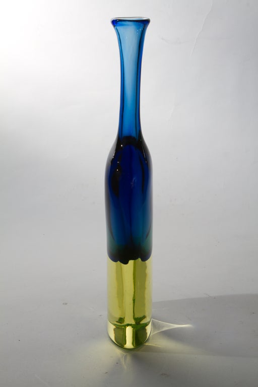 Blue and uranium green Murano sommerso glass vase possibly by Flavio Poli.
