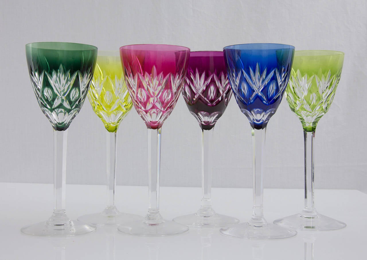Mid-Century Modern Six Val St. Lambert Tall Stemmed Colored Wine Glasses