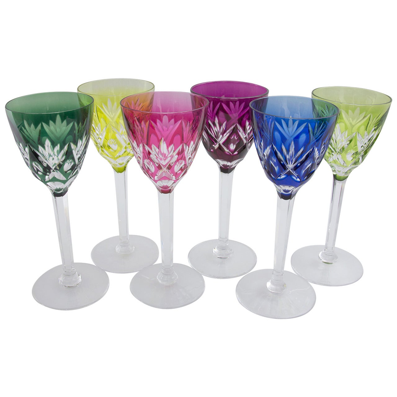 Six Val St. Lambert Tall Stemmed Colored Wine Glasses