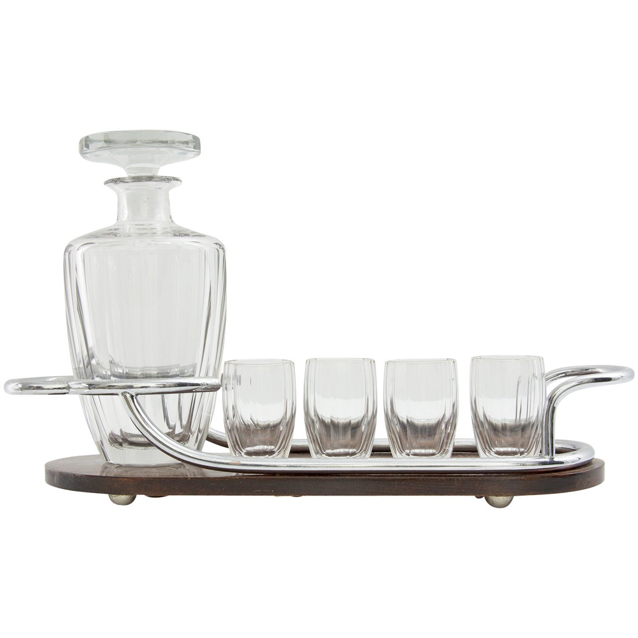 Art Deco Bar Set Decanter and Glasses on Mahogany and Silver Serving Tray