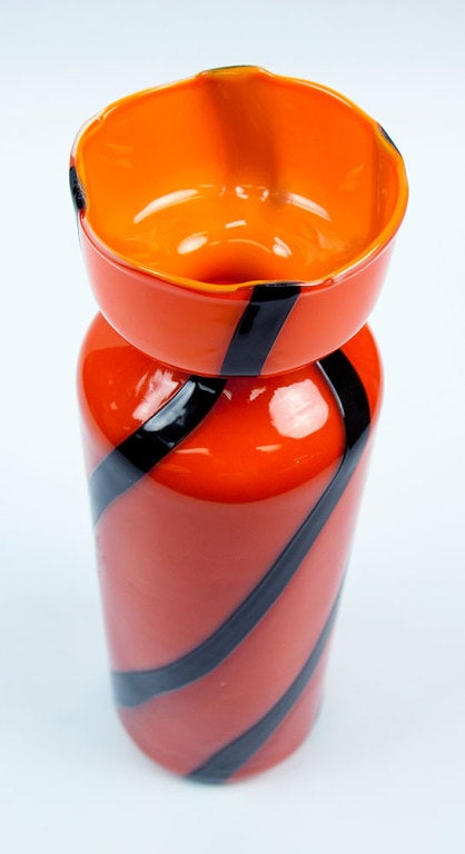 Italian Mid-Century Modern Murano Art Glass Vase Orange Purple Stripes Estate Find