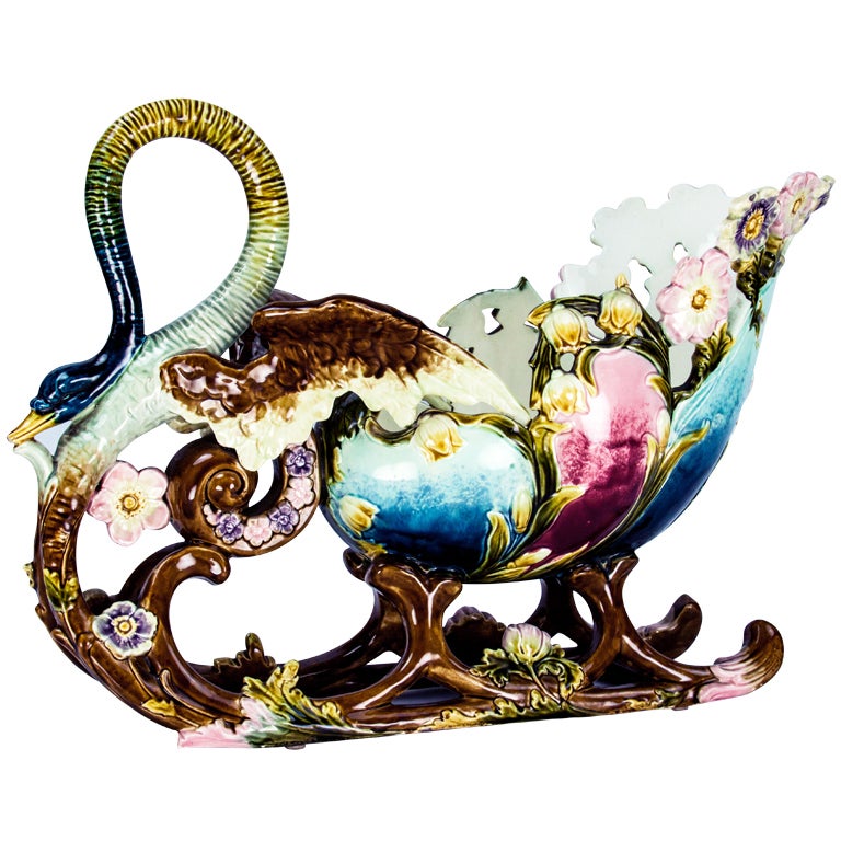 Art Nouveau Majolica Barbotine Pottery Sleigh Jardiniere Estate Find