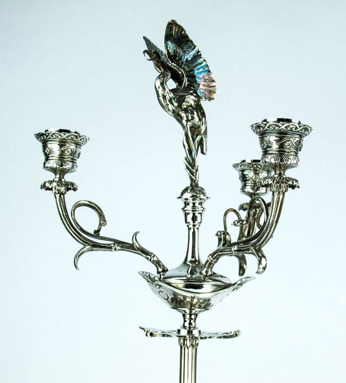 Beautiful pair of Tall signed Barbedienne French 19th century silvered bronze figural 'Aux Griffons' candelabrum, fabulous detailing, both signed on foot: Barbedienne; each measuring approximately. Measures: 24