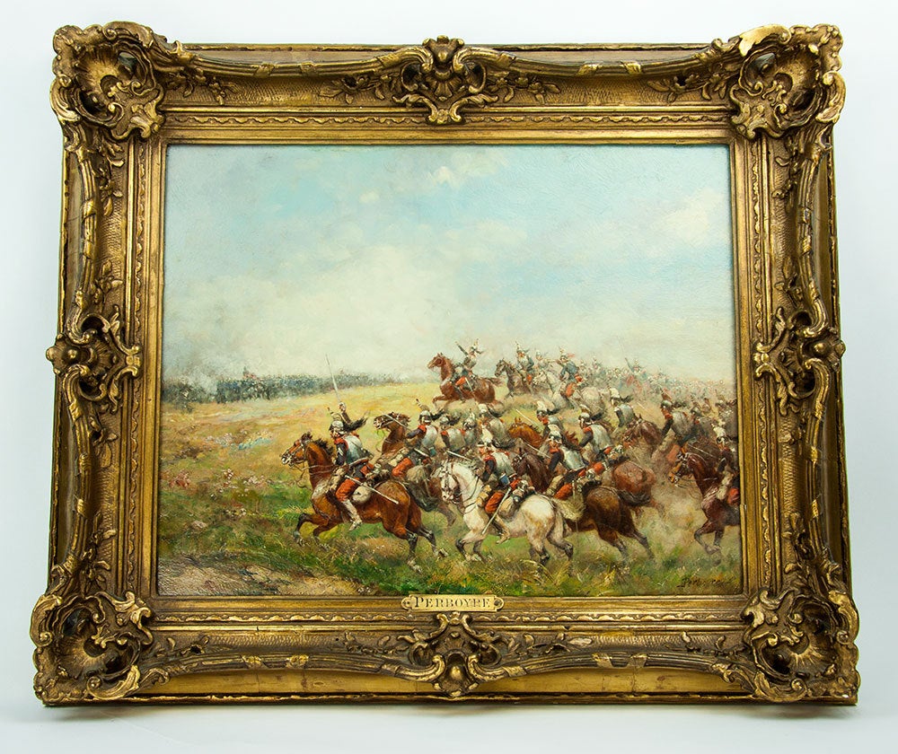 Outstanding oil on wood panel depicting the Movement of Cavalry Charge/Le Mouvement de Charge de Cavalerie by Paul Émile Perboyre; signed lower right: Perboyre. Housed in its original fancy giltwood carved frame; approximate panel size: 12.65” x