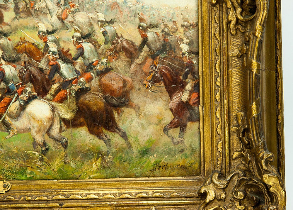 Late Victorian Cavalry Charge Oil on Panel Painting by Paul Émile Perboyre, France