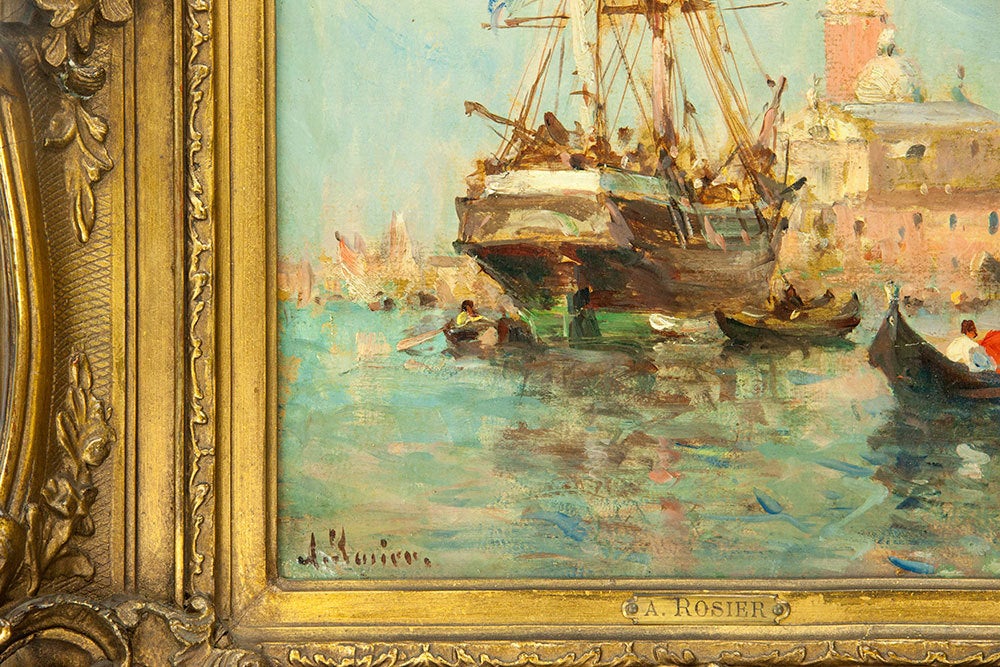 Beautiful oil painting on artist board depicting Le Grand Canal Venice by Amédée Rossier; signed lower left: Rossier. Housed in its original fancy giltwood carved frame; approximately panel size: 12”x 15”/ 25.5cm x 38cm, circa 19th century;