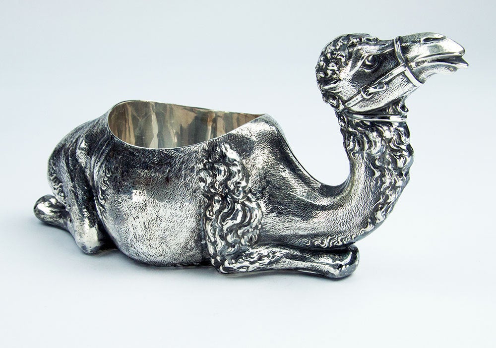 Fabulous high relief Repoussé hand-hammered camel vessel or bowl, beautifully worked in sterling silver. This intriguing piece will enhance any decor. Not to be missed! Approximate size: 8