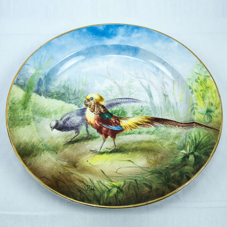 Beautiful hand-painted round game bird pheasant platter; signed VTH; Boch Fres Lalouviere; V Tock-HLebnikc; made in Belgium, circa 1911.