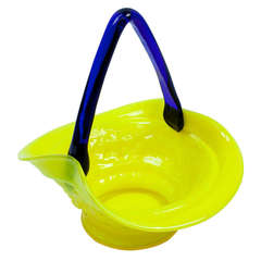 Yellow and Blue Artisan Glass Basket, circa 1950s 10