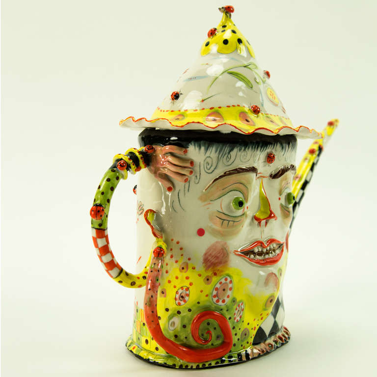 Rare figural face Folk Art piece, porcelain teapot and lid beautifully handcrafted and painted, signed by renowned artist Irina Zaytceva. Original work of art, 1999. Approximate size: 12.5