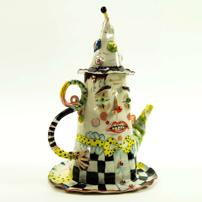 Wonderful figural face porcelain teapot and lid folk art piece, beautifully handcrafted and painted with great detailing, signed by renowned artist Irina Zaytceva; circa 1999; approximate size: 12