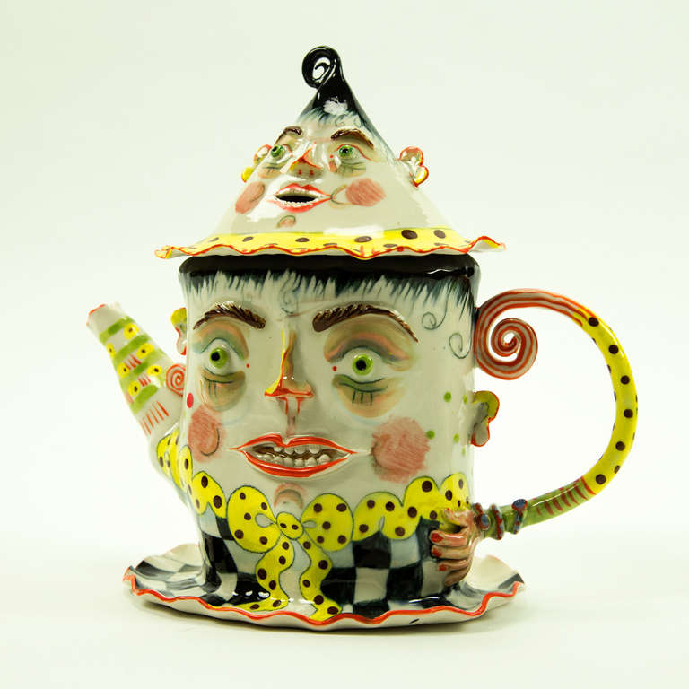 Whimsical and delightful figural face porcelain teapot and lid, Folk Art piece, beautifully handcrafted and painted with great detailing, signed by renowned artist: Irina Zaytceva; 2000; approx. size: 12