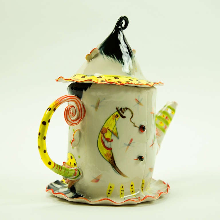 American Rare Large Figural Porcelain Teapot on Attached Plate by Irina Zaytceva