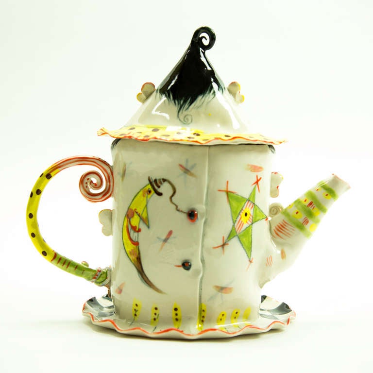 Hand-Crafted Rare Large Figural Porcelain Teapot on Attached Plate by Irina Zaytceva
