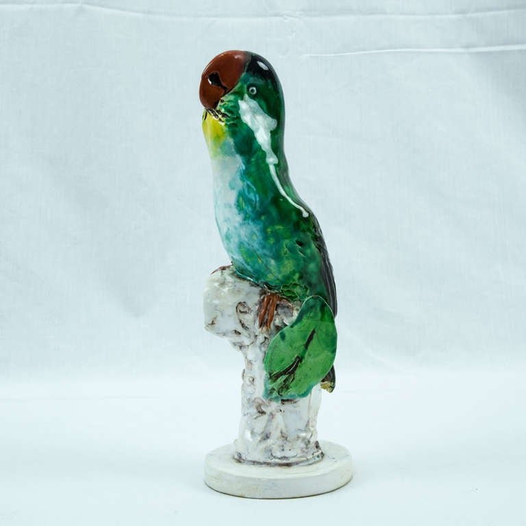 French Art Deco Glazed Pottery Statuette Macaw Colorful Parrot France Estate Find