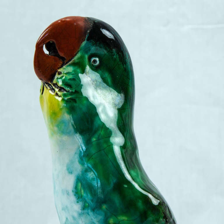 Porcelain Art Deco Glazed Pottery Statuette Macaw Colorful Parrot France Estate Find