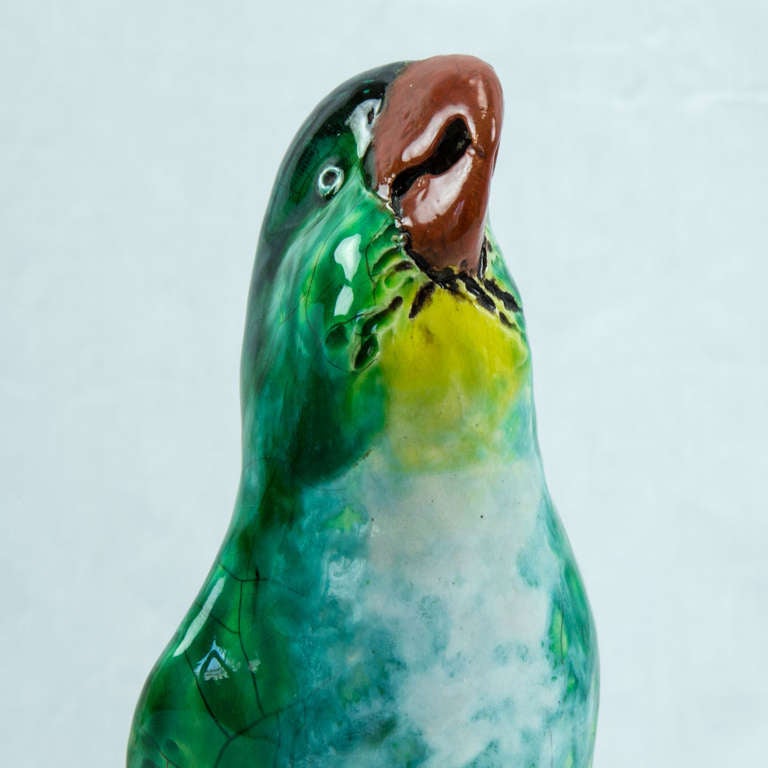 Mid-20th Century Art Deco Glazed Pottery Statuette Macaw Colorful Parrot France Estate Find