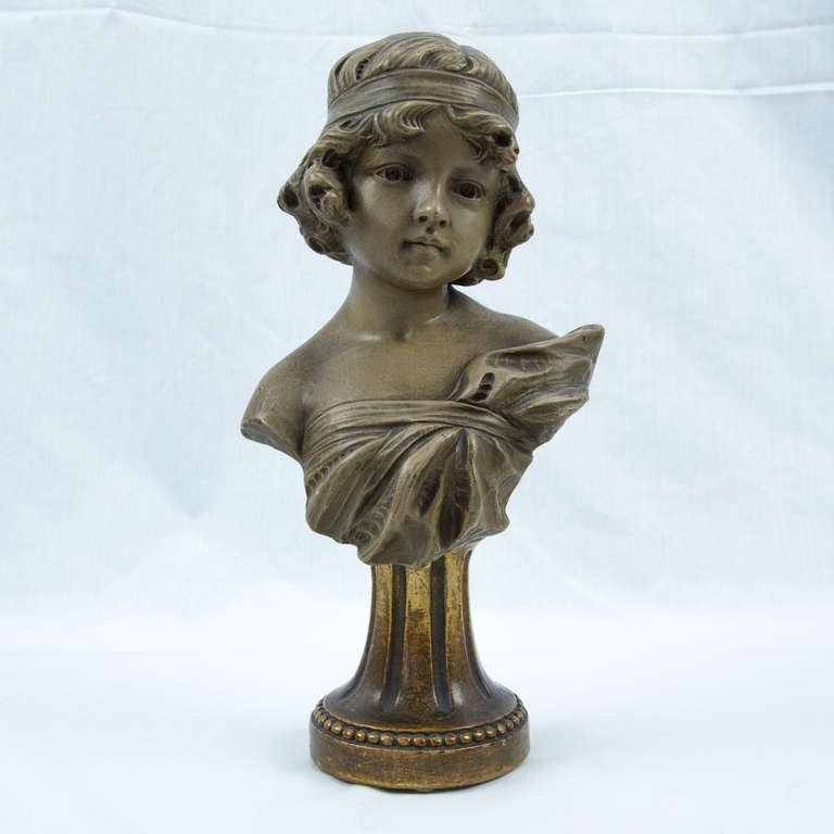 Beautiful terracotta buste de Jeune Fille by Gustave Van Vaerenbergh; Belgian artist (1873-1927) Signed and numbered: G.V. Vaerenbergh 1309.