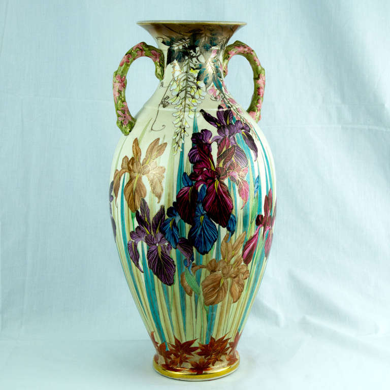 Japanese Beautiful Art Nouveau Antique Satsuma Double Handle Floral Pottery Vase 