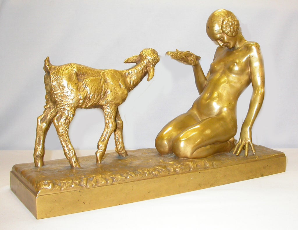 Bronze Maiden Feeding Goat Sculpture by Courbier, Paris, France