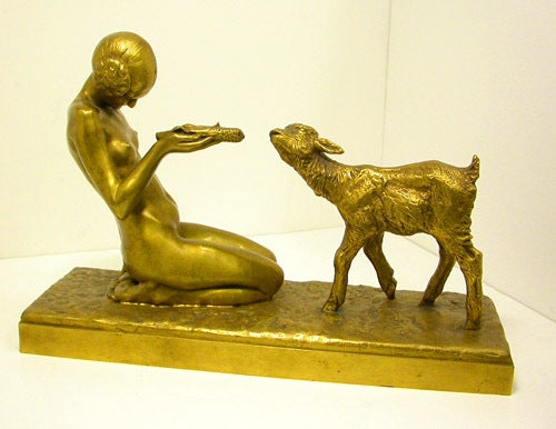 Art Deco Bronze Maiden Feeding Goat Sculpture by Courbier, Paris, France