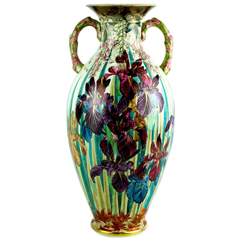 Beautiful Art Nouveau Antique Satsuma Double Handle Floral Pottery Vase 