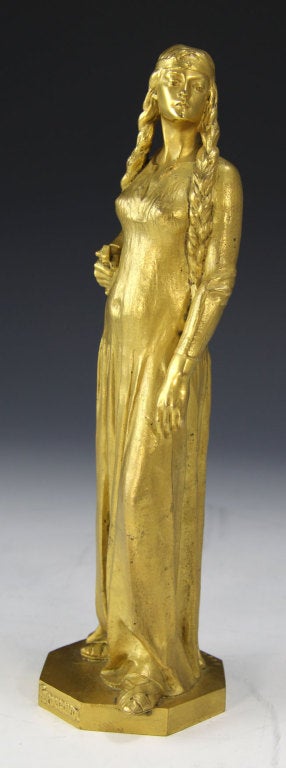 Fabulous gilt bronze of a full figure Medieval Maiden holding a Sword in her hand, signed ch. Jacquot and titled "Fredeconde" on base, 26cm- 10” high, circa 1900; Charles Jacquot, 1865-1930.
    