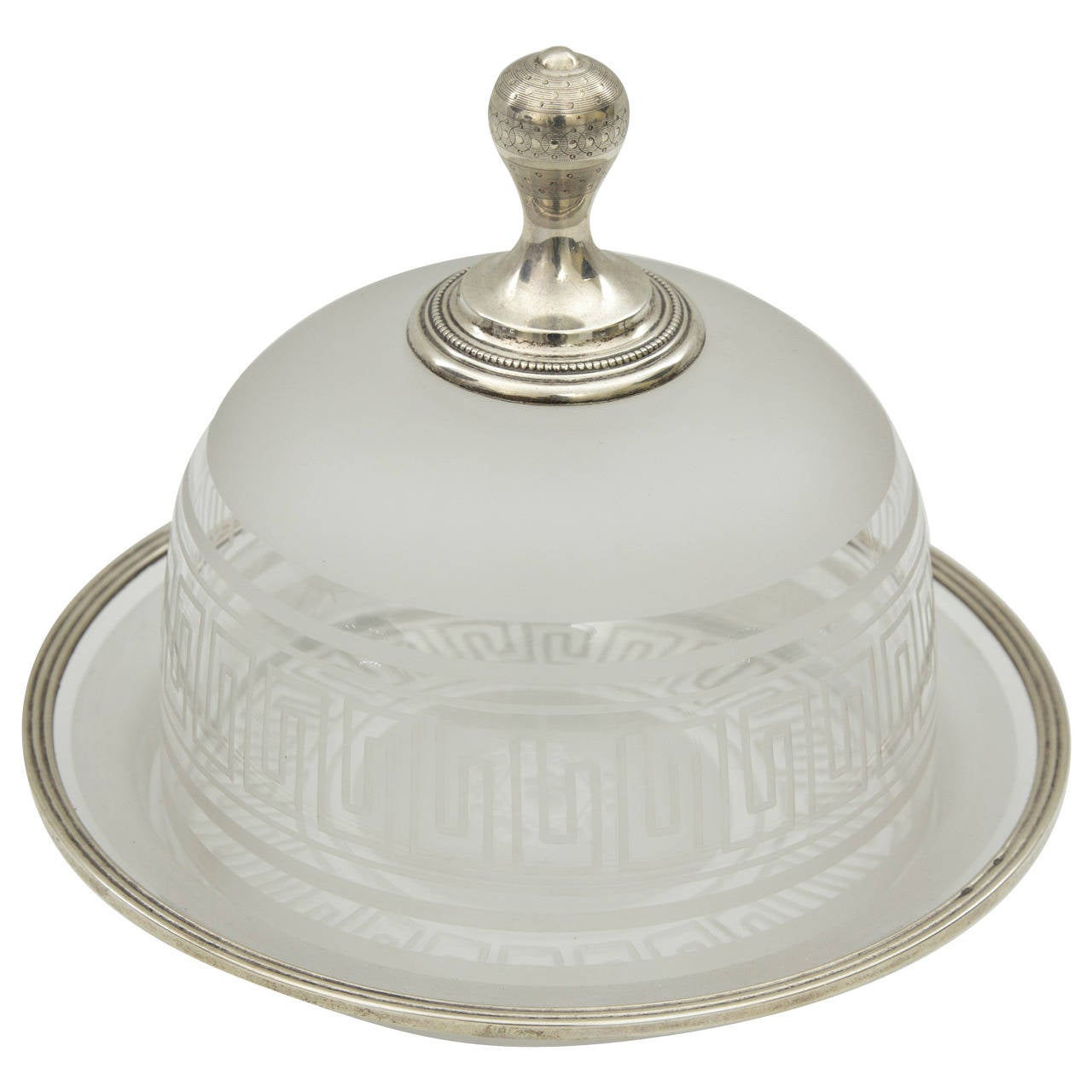 Antique French Silver Engraved Crystal Caviar Bell or Butter Serving