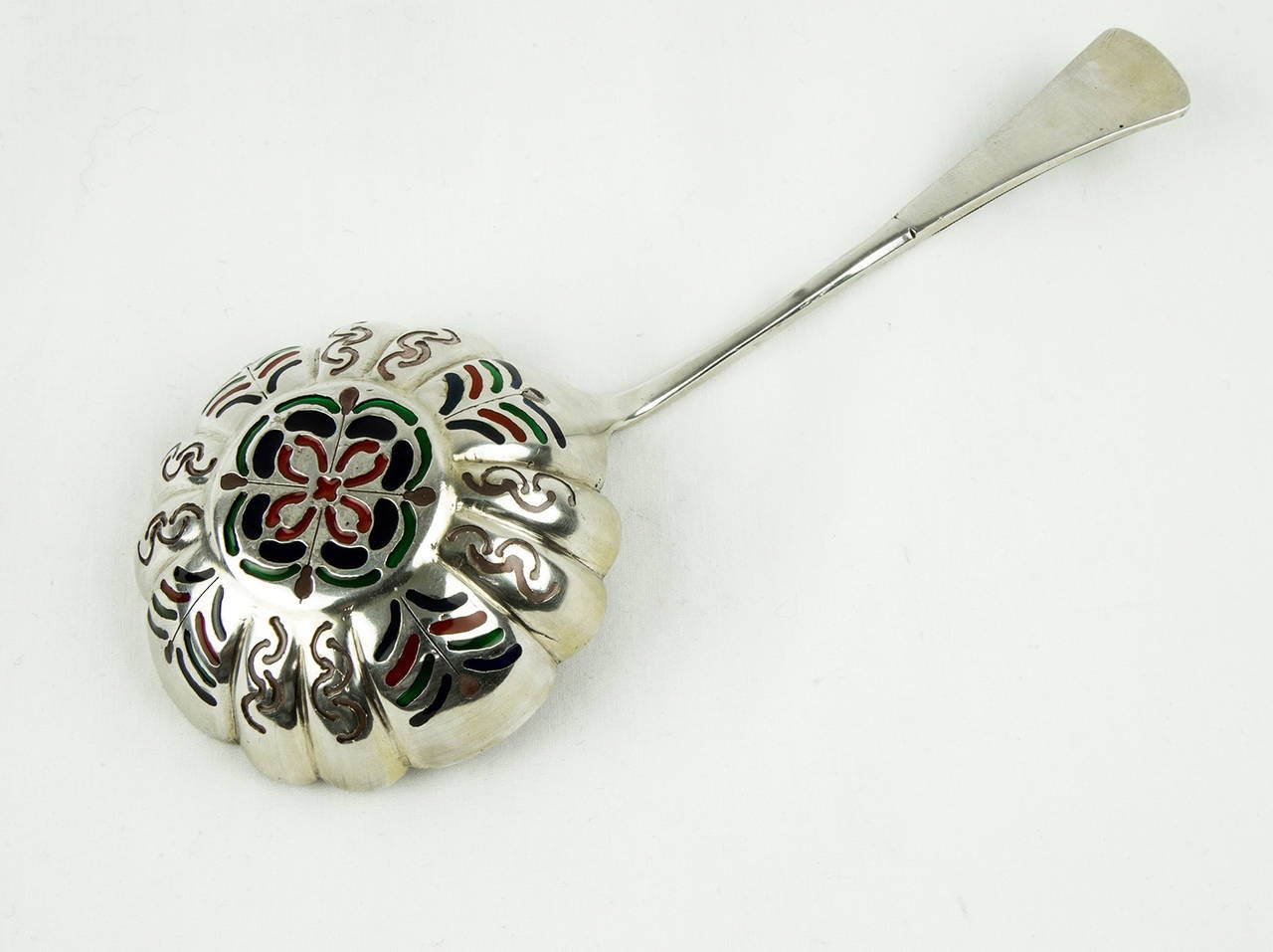 Late Victorian Antique Russian Silver Gilt Plique-a-Jour Cloisonne Enamel Serving Spoon