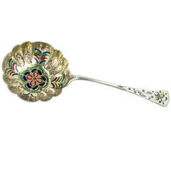 Antique Russian Silver Gilt Plique-a-Jour Cloisonne Enamel Serving Spoon