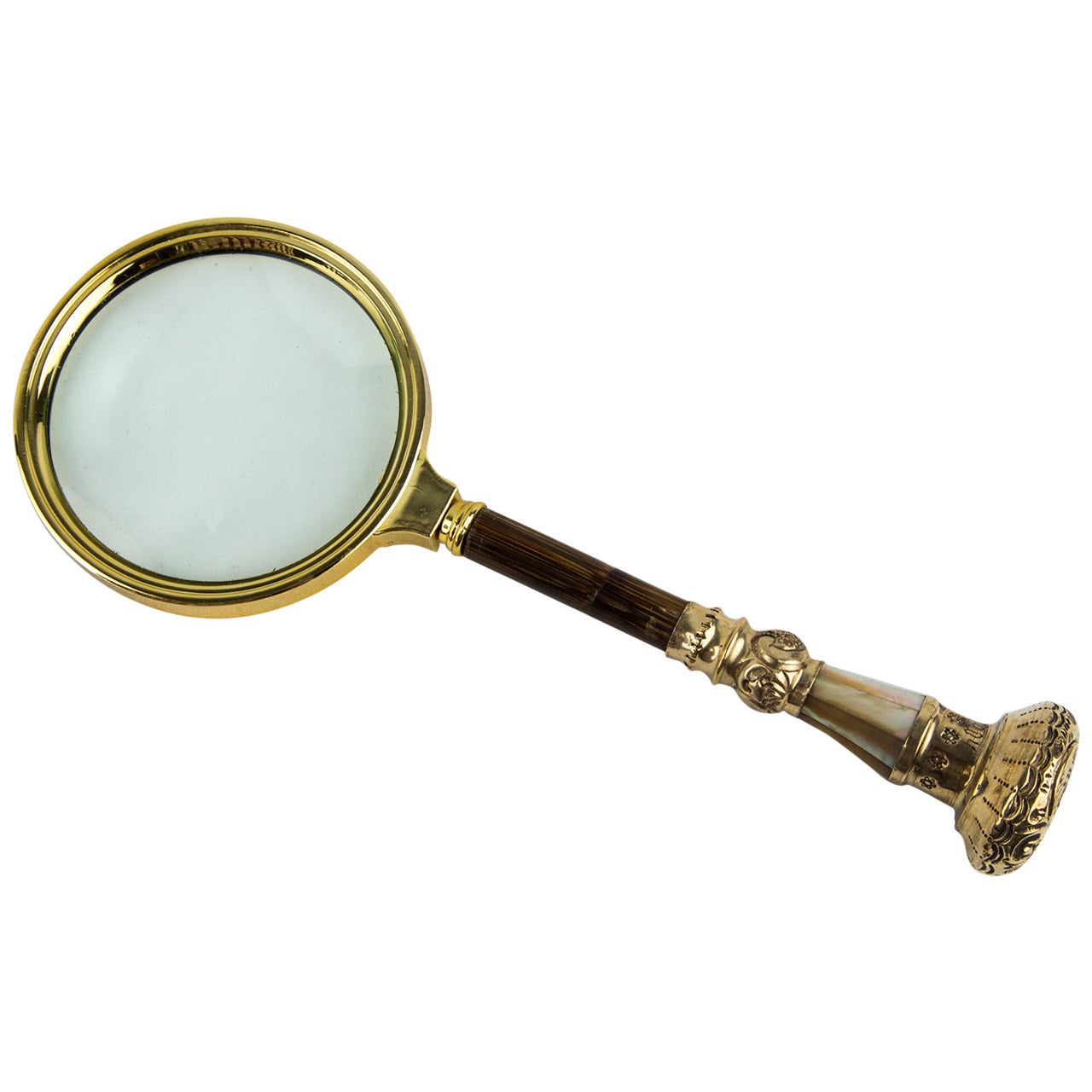 Antique Gilt Silver Bamboo Mother-of-Pearl Handle Magnifying Glass