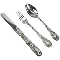 Vintage Sterling Silver Christening Set of Knife, Fork and Spoon, circa 1960s
