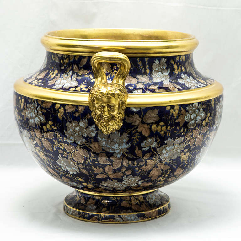 French Victorian Flow Blue Porcelain Jardiniere and Matching Pedestal Stand Estate