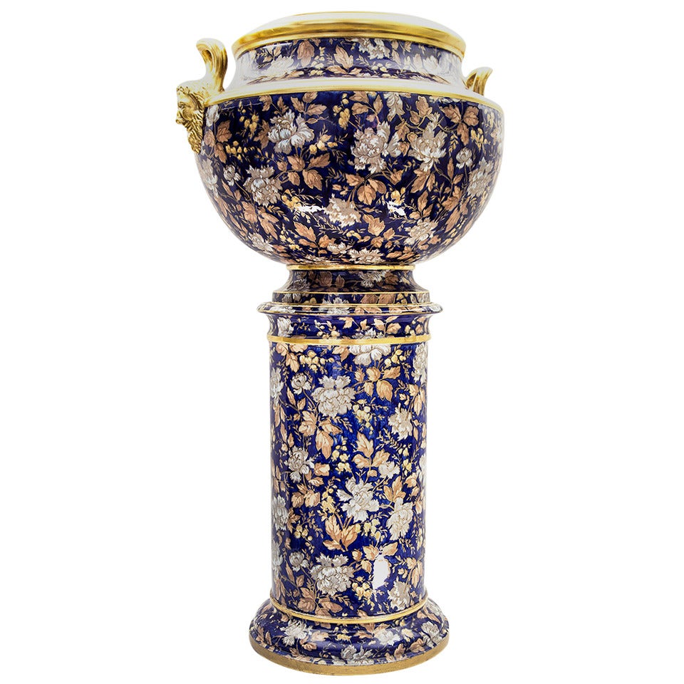 Victorian Flow Blue Porcelain Jardiniere and Matching Pedestal Stand Estate 