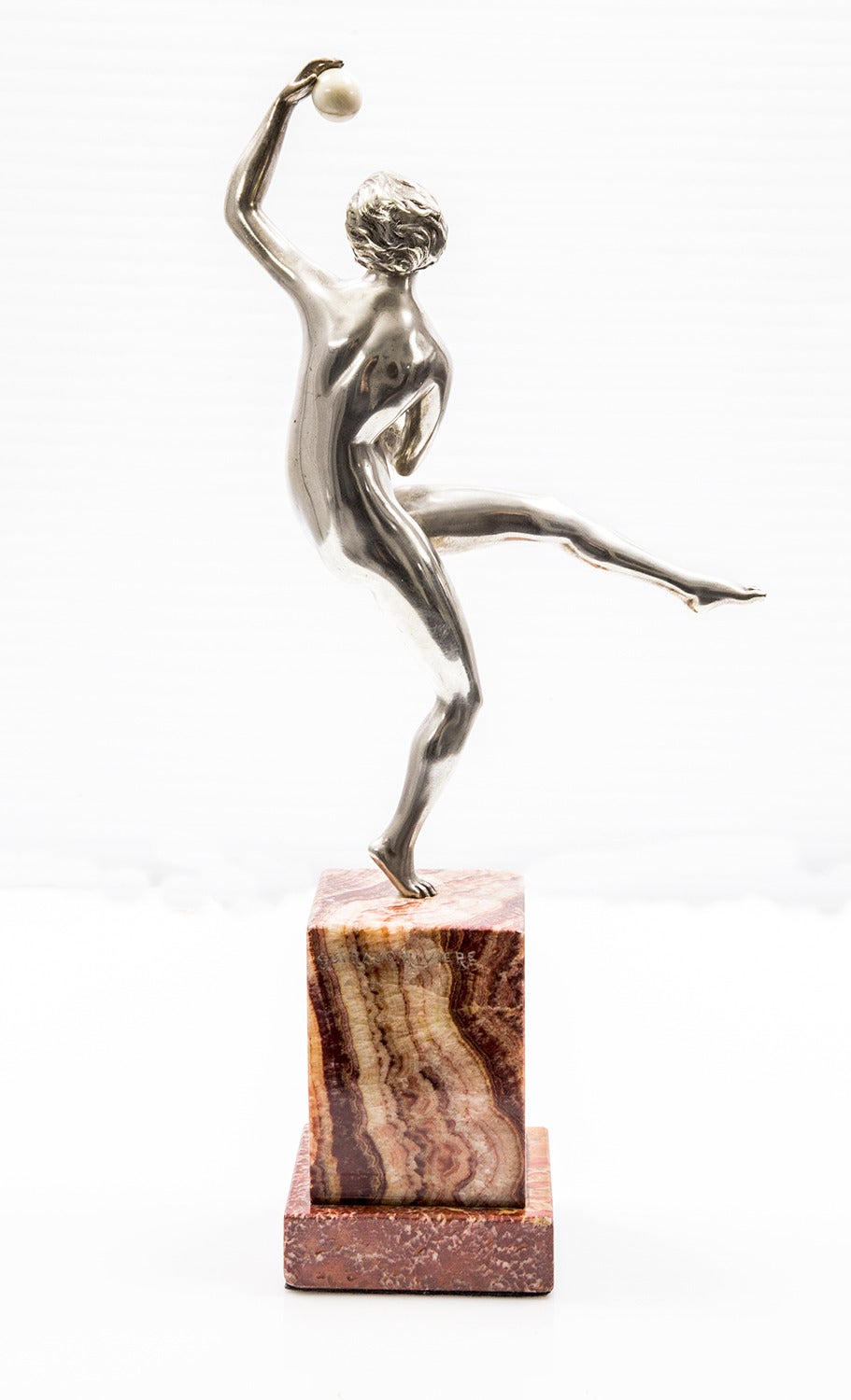French Art Deco Silvered Bronze Sculpture Nude Dancer Guiraud-Riviere, circa 1925