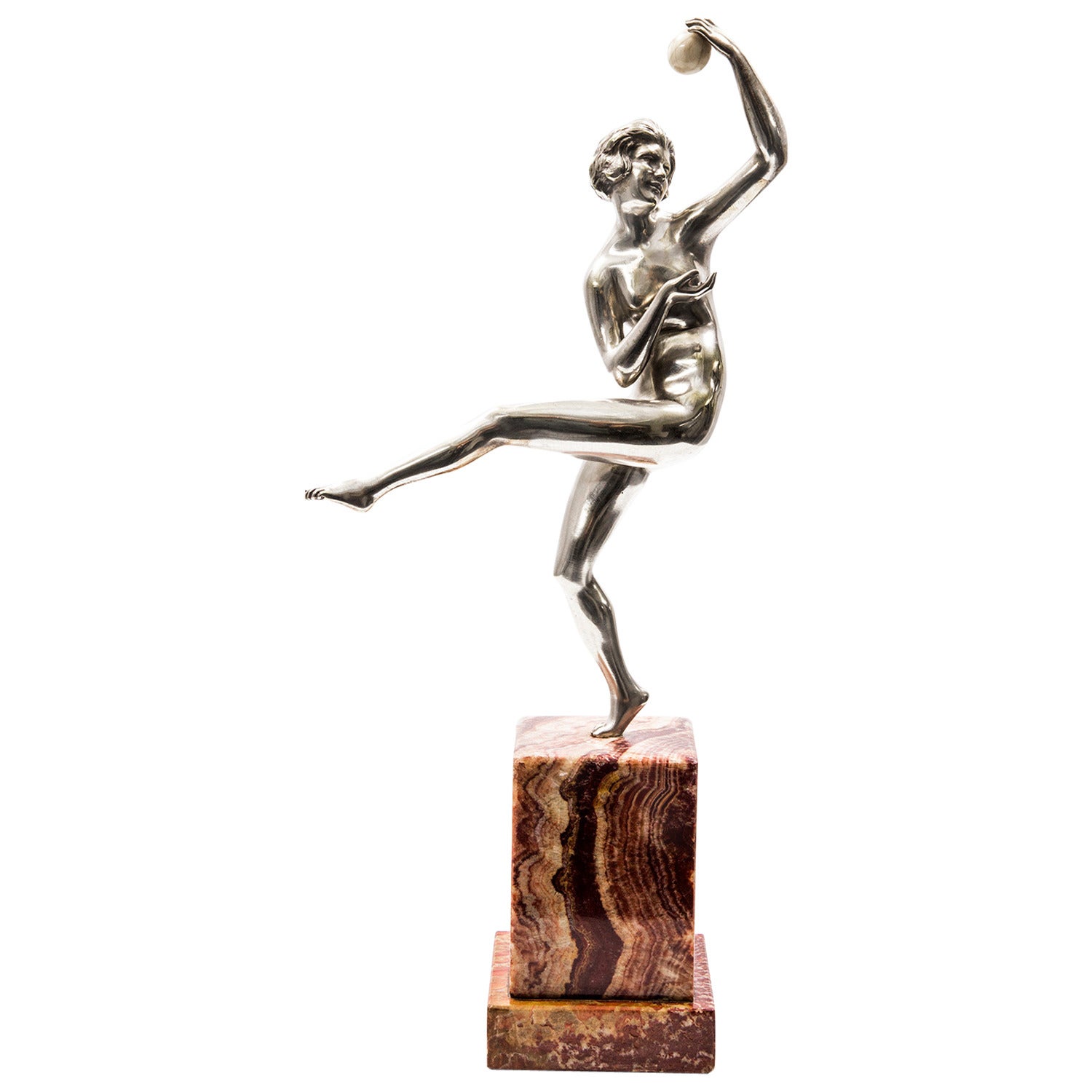 Art Deco Silvered Bronze Sculpture Nude Dancer Guiraud-Riviere, circa 1925