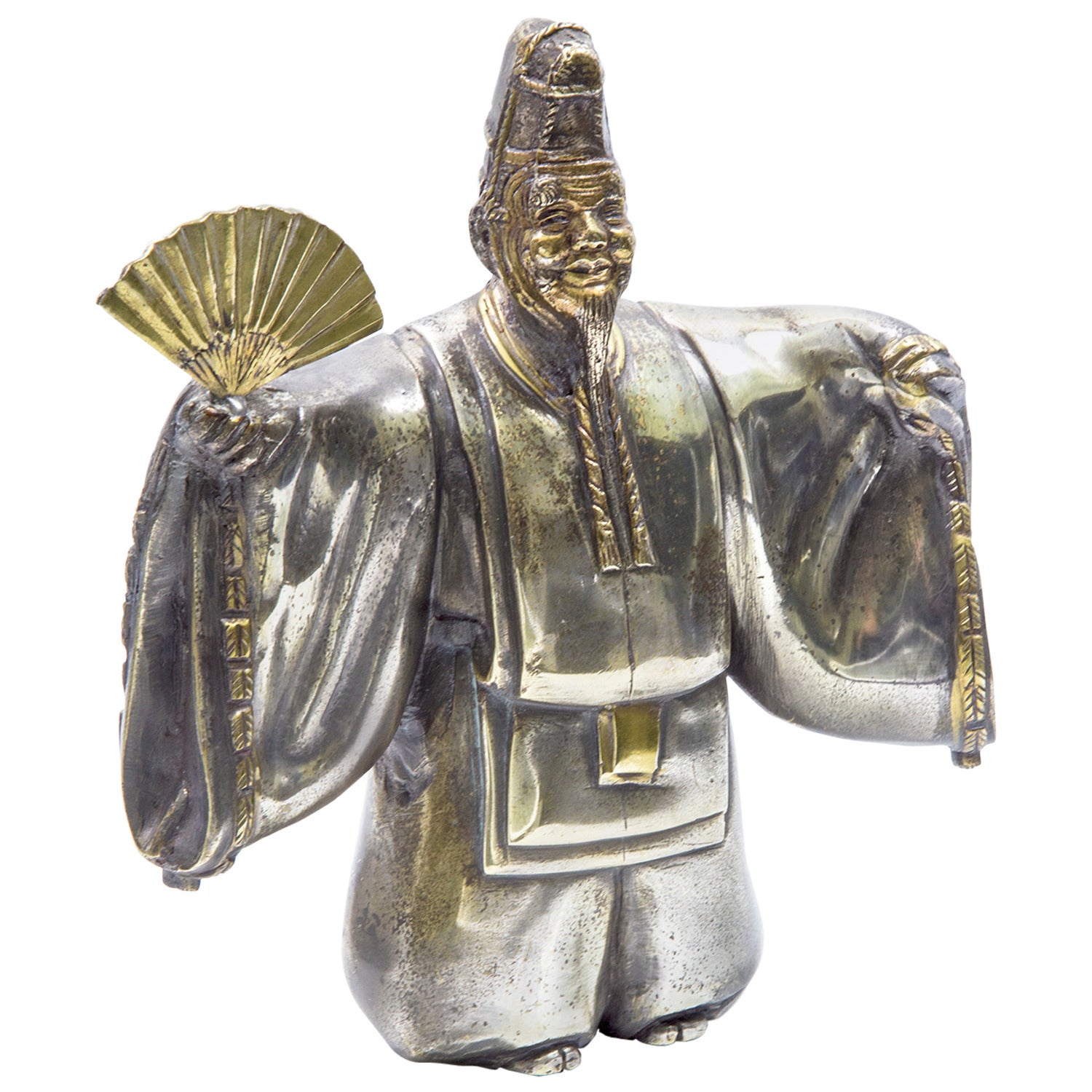 Japanese Classical Kabuki Theater Character Silvered Bronze Sculpture Estate 
