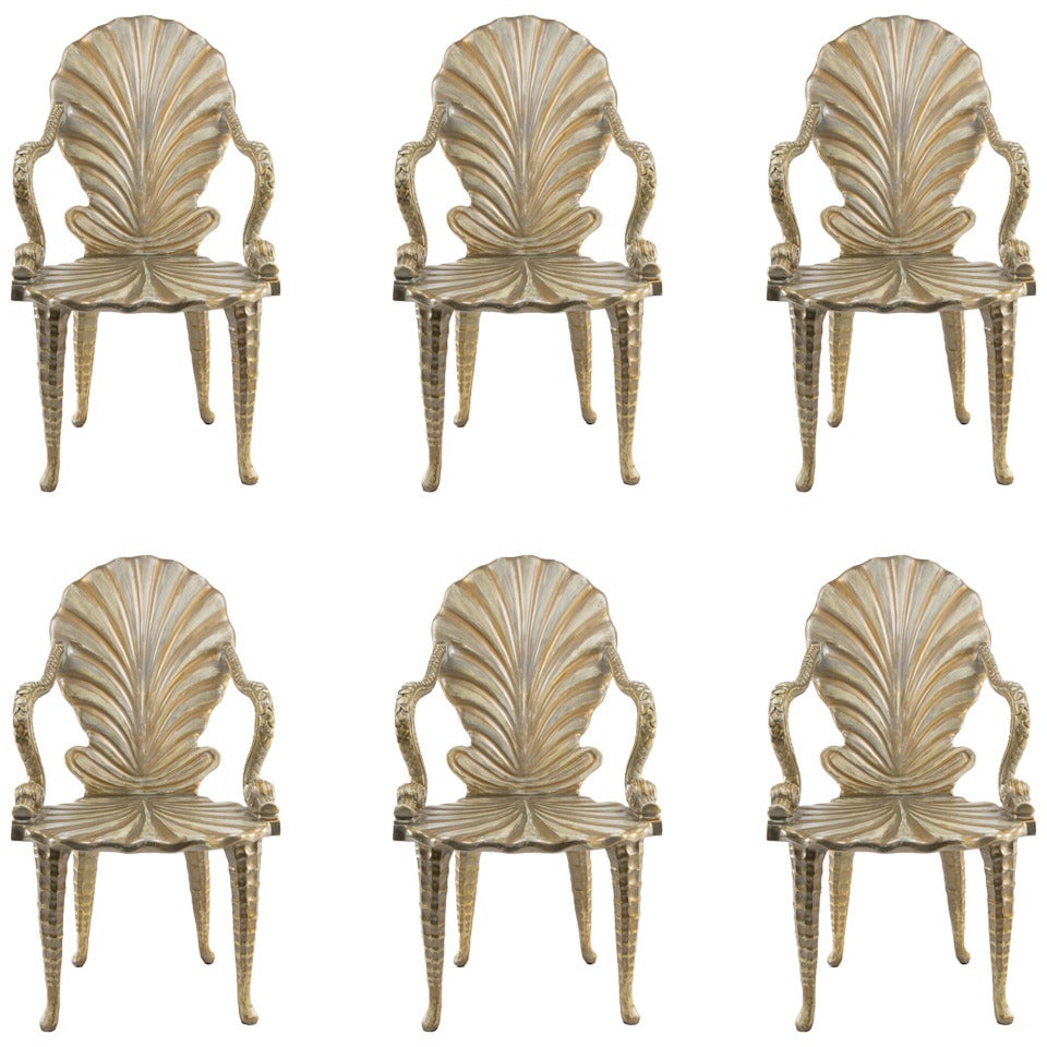 Set of Six Carved Paint and Parcel Giltwood Grotto Armchairs with Dolphin Arms
