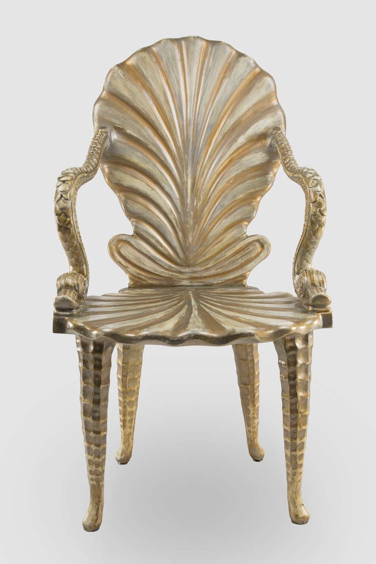Set of Six Carved Paint and Parcel Giltwood Grotto Armchairs with Dolphin Arms In Good Condition In Montreal, QC